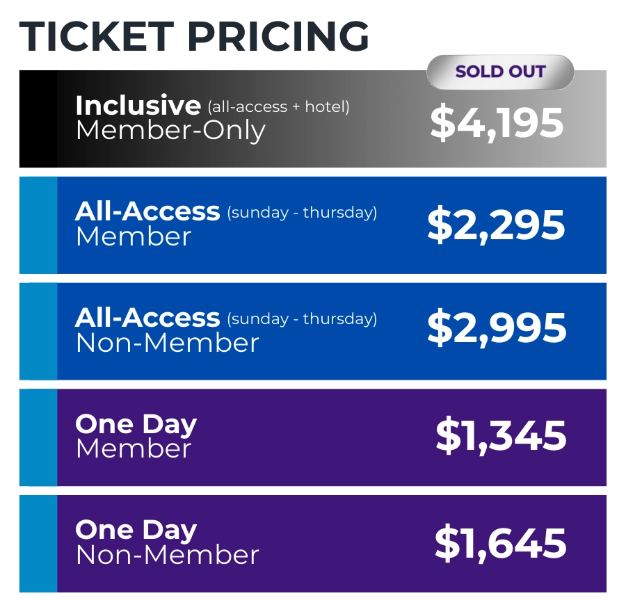 Ticket Pricing Inclusive (all-access + hotel) Member Only - $4,195 (SOLD OUT) All-Access (Sunday - Thursday) Member - $2,295 All-Access (Sunday - Thursday) Non-Member - $2,995 One Day Member - $1,345 One Day Non-Member - $1,645